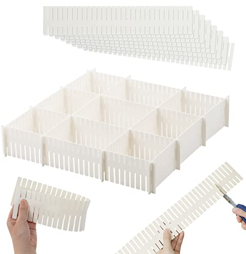 TWUTGAYW 8Pcs Adjustable Drawer Grid Divider, DIY Flexible Plastic Drawer Dividers, White Dresser Drawer Storage Organiser, Tidy Partition Clapboards for Kitchen Bedroom Bathroom Office