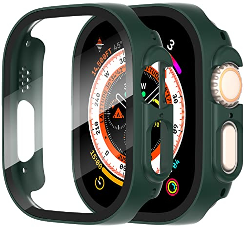 Diruite 2 Piezas Funda para Apple Watch Ultra/Ultra 2 49mm Protector Pantalla Cristal Templado Incorporado HD Protección Completa PC Dura Estuche Case,Verde,49mm