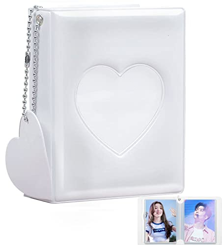Kpop Photocard Binder, Portable Photocard Holder Kpop 3 Mini Fotoalbum Photo Kpop Album, Love Heart Hollow Kpop Binder Kpop Photocard Holder with Love Heart Pendant (32 Pockets, White)