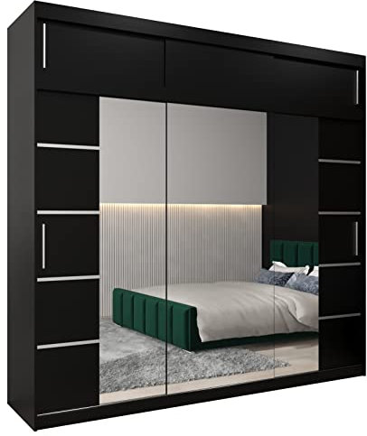 ABIKSMEBLE Verona 4 250 Armario 2 Puertas Correderas para Dormitorio - Armario Moderno con Espejo, Barra y Estantes - 250x240x62 cm (Ancho x Alto x Fondo) - Negro Mate con Extensión