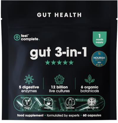 Feel Complete | Gut 3-in-1 Gut Health | 12 Billion Probiotics | 5 Digestive Enzymes | 6 Botanicals | Vegan | Made in The UK | 60 Capsules | Award Winning