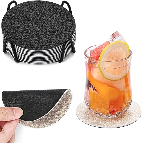Chitomars Untersetzer Gläser 12er Set, Doppelseitigen Leder Untersetzer Rund rutschfest Glasuntersetzer Abwaschbare Getränkeuntersetzer Kunstleder Glas Untersetzer-Set (Cremeweiß Schwarz, Rund)