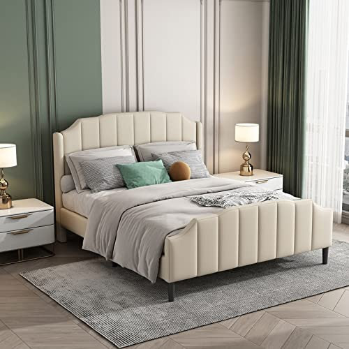 Polsterbett Doppelbett, Doppelbett Vintage Bett Beige mit Kopf und Fußteil und Lattenrost und Samtpolsterung Schlafzimmer Bett Bett 140X200