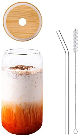 URMAGIC Glass Cups with Bamboo Lid and Glass Straw(1 Set), 470ml Can Shape Drinking Glasses with Brush,Can Shaped Glass Cups,Beer Glasses, Iced Coffee Glasses,Cute Tumbler Cup,Boba Tea Cups