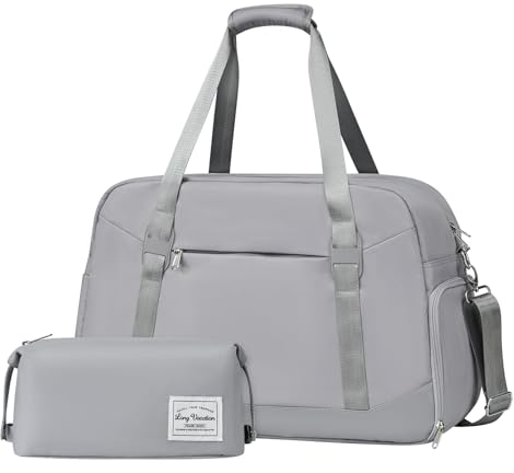 LONG VACATION Damen Reisetasche mit Kulturbeutel, Sporttasche, Weekendeer Handgepäcktasche mit Schuhfach und Nasstasche, Yogatasche passend für 15,6 Zoll Laptop, GRAU, 21 inch, Reisetasche