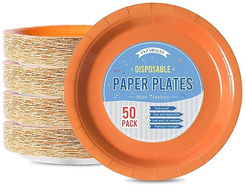 Tyzarglef Disposable Paper Plates Orange, 50 Count 7” Dessert Cake Plates Bulk for Party Supplies, Colored and Sturdy Party Plates for Birthday, Halloween, Baby shower, Thanksgiving Party Supplies