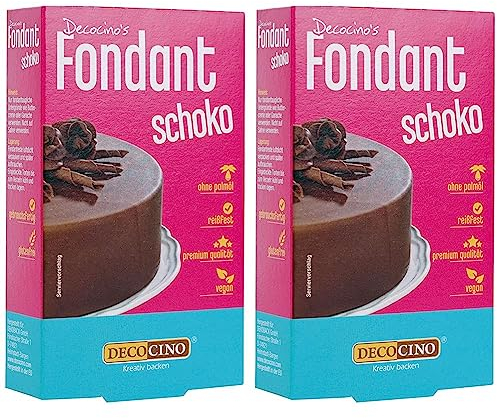 DECOCINO Fondant Schoko – 250 g – ideal zum Verzieren von Kuchen, Torten, Cupcakes – Palmölfrei & vegan (Packung mit 2)