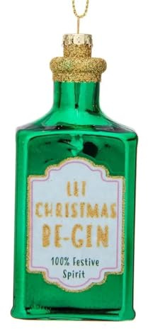 Novelty Bottle of Gin Bauble, Fun Hanging Novelty Green Glass Gin Bottle Christmas Tree Decoration