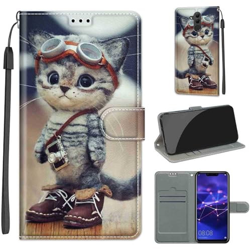 Handyhülle für Huawei Mate 20 lite Hülle, Mate 20 lite Hülle, Premium Leder Flip Klappbare Stoßfeste Magnetische [Standfunktion] [Kartenfächern] Schutzhülle Tasche - Katze