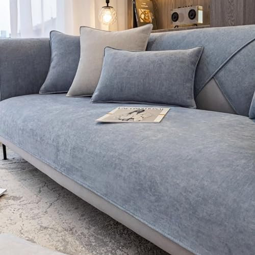 JJRETGY Sofabezug Chenille 1 2 3 4 Sitzer, Ecksofa L Form Sofaüberwurf, rutschfeste Sofabezüge, Warmer Super Weicher, Waschbare Sofabezug für Haustiere (Blau grau,90X90cm)