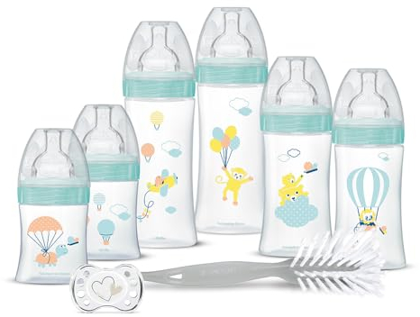 Dodie Kit Naissance - 6 Biberons Anti-Colique Tétines Plates (2x150 mL, 2x270 mL, 2x330 mL), 1 Sucette Anatomique 0-2 Mois, 1 Goupillon - Sans BPA - Vert