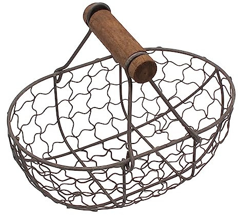 PANGHUBO Canastas de alambre para huevos de gallina, cestas de recogida de óxido con mango de madera, cestas de almacenamiento de estilo vintage campestre (A)
