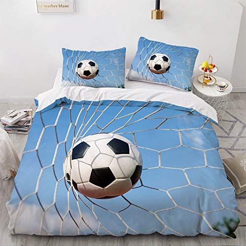 YASMENG Fußball Bettwäsche 155x220 3 Teilig Jungen 3D Blau Bettbezug Set Fussball Weich Mikrofaser Fussball Bettwäsche für Jugendliche Jungen Kinder mit Reißverschluss und 2 Kissenbezüge 80x80 cm
