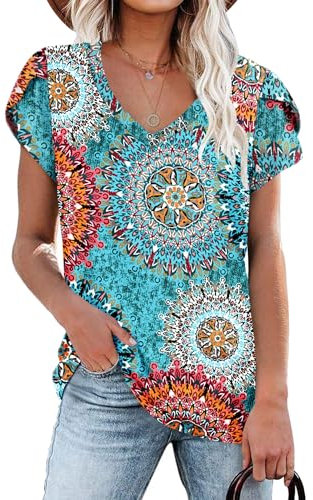 NARRAME Camiseta de Mujer Tops de Verano Camisetas de Manga Corta con Cuello en V para Mujer Floral Verde Medium M 38-40