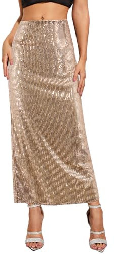 Naimo Donna Paillettes Gonna Vita Alta Bodycon Maxi Gonna con Spacco A-Line Elegante Cocktail Festa Gonna Lunga