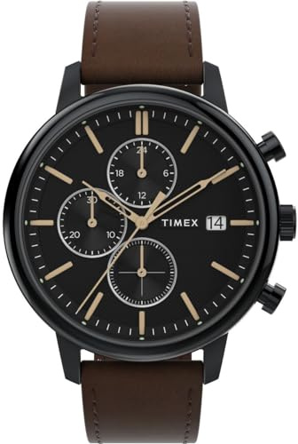Timex TW2W13200 Chicago Herren-Armbanduhr, 45 mm, braunes Lederarmband und schwarzes Zifferblatt