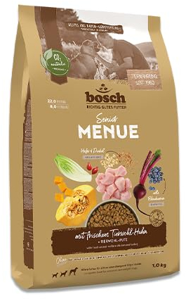 Bosch HPC MENUE Senior mit Tierwohl-Huhn + Dinkel & Hafer| Hundetrockenfutter für ältere Hunde Aller Rassen | 1 x 1 kg