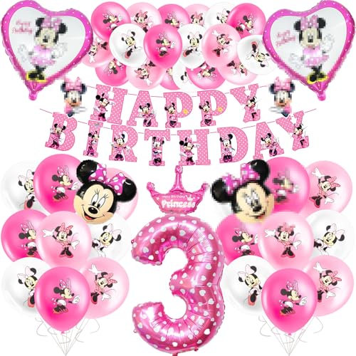 Minni Birthday Decorations, 25Pcs Minni Balloons with Banner, 3st Party Decorations for Girls Happy Birthday Balloon Banner
