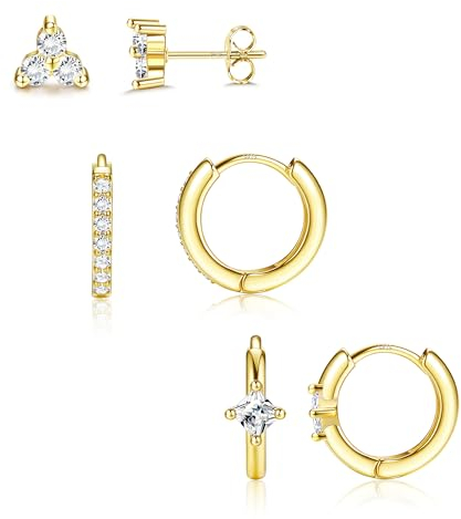 Dochais 3 Paar Gold Damen Ohrringe Set, 14K Vergoldete Creolen Ohrstecker 925 Silber Stecker, Hypoallergene Goldene Ohrringe mit Cubic Zirkonia, Ideal für Damen mit Mehrfach Piercings(Ohrstecker)