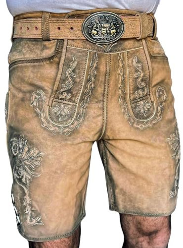 Sterling Sports Herren Lederhose Kurz Antik mit Gürtel with Belt - Traditionelle Leder Hose Für Herren, Oktoberfest Lederhosen Set - Costume Lederhose Faschingskostüme Männer (Rostbraun-52)