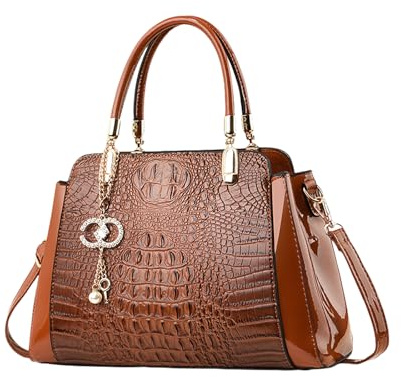 NICOLE & DORIS Elegante Handtaschen Damen Schultertaschen Kroko Henkeltasche Lackleder Frauen Umhängetasche Mittelgroß Tote Handtasche mit Anhänger Braun