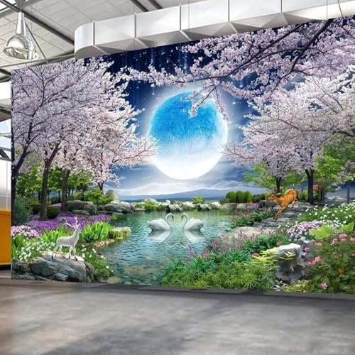 YueMingDi 3D salon mural décoration de la maison lune arbres vue lac fond tv décor à la maison papier peint stickers muraux-250cm×170cm