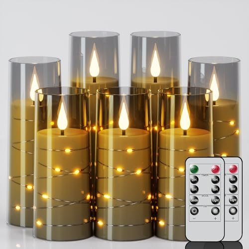 Eldnacele Flammenlose Kerzen mit Fernbedienung und Timer, Eingebaute Lichterkette, Acryl-LED Stumpenkerzen Flackernd, Batteriebetrieben, 7 Stk Glas Kerzen, Schwarz