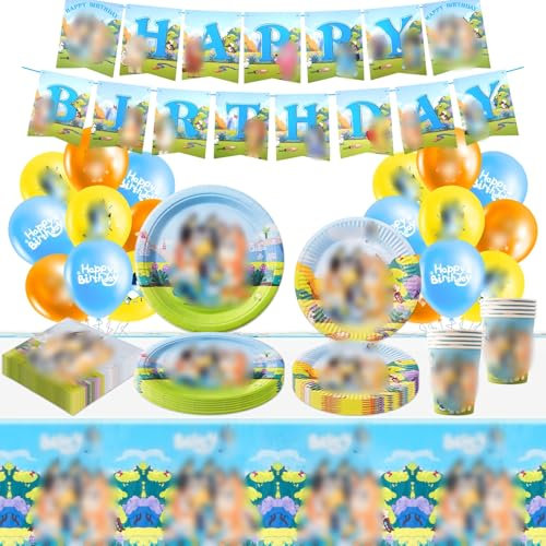 Partygeschirr Geburtstagsdeko, 70 Stück Blue Geburtstagsdeko Partygeschirr Kindergeburtstag Set, Banner Teller Becher Servietten Luftballons Tischdecke Geburtstag für 10 Personen