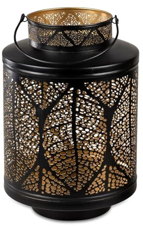 Formano Laterne Blatt Schwarz-Gold 20x30cm - Metall Kerzenhalter mit Durchbruch - Elegante Gartendeko - Wohnzimmer Beleuchtung - Geschenkidee Hochzeit