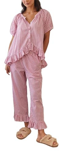 Achlibe Ensemble de pyjama pour femme à carreaux d'automne - Chemise à manches courtes avec boutons et pantalon à volants - Tenue décontractée 2 pièces pour le salon, XL