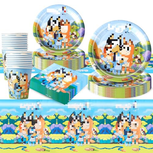 81Pcs Birthday Decorations - Blue Dog Party Decorations Kids' Party Tableware Set - Plates, Cups, Napkins, Tablecloth for 20 Guests