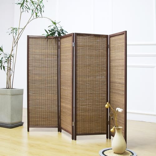 Furnnylane 4 Panel Bamboo Room Divider Short Folding Screen Divider,Double Sided Bamboo Divider Screen for Room Separation,Brown,120 cm H x 156 cm W