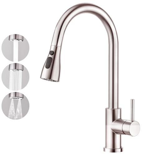 CREA Hochdruck Wasserhahn Küche, Küchenarmatur mit 3 Funktionen Brause,Mischbatterie Küche Ausziehbar, 360° Schwenkbar Spültischarmatur Küche, Einhebelmischer aus Edelstahl, Armatur Küche Gebürstet