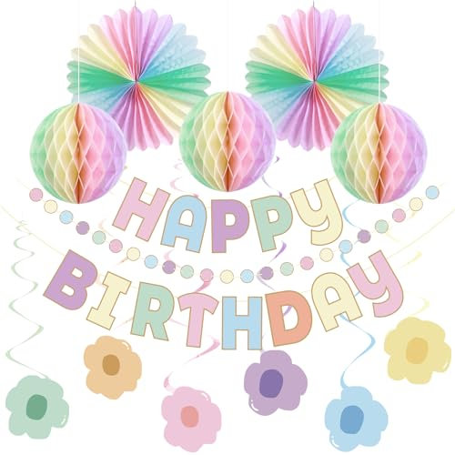 Pastel Birthday Decorations Macaron Happy Birthday Banner Pastel Paper Fans Honeycomb Balls, Flower Hanging Swirl Streamer Pastel Rainbow Birthday Party Decorations for Girls Spring Wedding Decor
