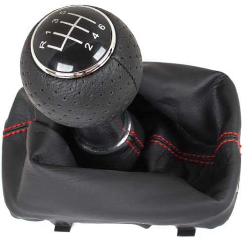 M MODECAR - Kompatibel mit Audi A3 I 8L 96-03 Schaltknauf SCHWARZ + SCHALTMANSCHETTE SCHWARZ mit ROTER NAHT 6 GÄNGE für 8L0711113C,