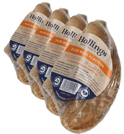 Hollings Filled Hoof with Beef Dog Treat, 100% Natural, Air Dried Long Lasting & Durable Cow Hoof Chew for Adult Dogs, High in Protein (4 Pack)