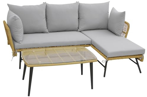 COSTWAY 3 Pieces Rattan Garden Furniture Set, L Shaped Patio Conversation Set with Cushions, Lounge & Tempered Glass Table, Outdoor Sectional Corner Sofa Set for Yard, Poolside and Lawn (Grey)