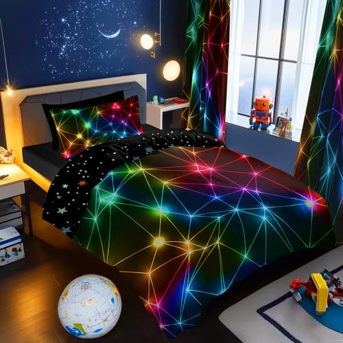 BlessLiving Kids' Duvet Cover Set: Premium Brushed Microfiber 2-Piece Bedding Set - Comfy Single Quilt Cover with Triangle Retro Neon Design for Teens Boys Girls Bedroom