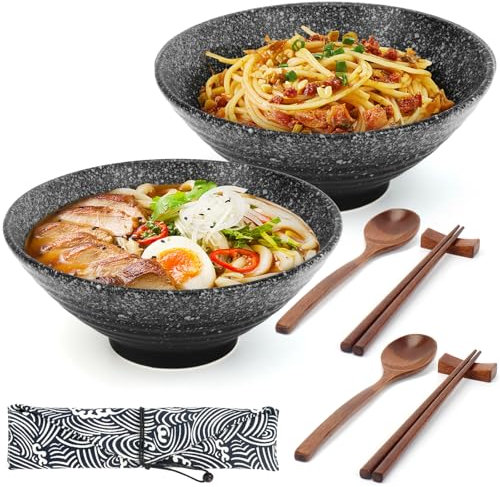 2-Packs Ramen Bowl, Ceramic Ramen Noddle Bowls Set with Wooden Chopsticks, Spoons and Rests for Soup Pho Udon Cereal Mixing Salad Fruit Foods, 1050 ml 34 oz for Party Housewarming Gifts (Black)
