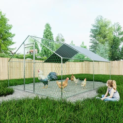 Gegtuon Freilaufgehege Kleintiergehege für Kaninchen Hühner Kleintiere, Hasenstall Hühnerstall Metall mit Schloss und PE-Tuch, Outdoor Außengehege Voliere mit Tür und Dach Geflügelstall (3x4x2 m)