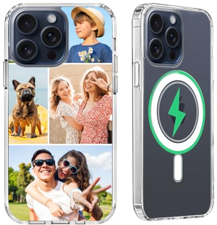 Customize Photo Case for iPhone 15 Pro Max [Compatible with MagSafe] Personalized Collage Picture Name Custom Magnetic Phone Cover Shockproof Protective Slim Fit Thin Clear Shell 6.7 inch Transparent