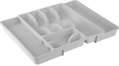 Engelland - 1 x verstellbarer Besteckkasten, Hellgrau, Besteckkorb mit 8 Fächern, Kunststoff, BPA-frei, Besteckhalter, Besteckeinsatz für Küchenschubladen, Maße: 29-51 x 38 x 5 cm