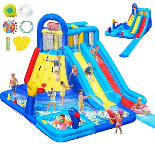 GYMMALL Water Bounce House Double Slide for Kids 3-12, Extra Large Inflatable Bouncy Castle with Long Slide, 550W Air Blower, Ball Pit, Swim Pool, Climbing, Bouncy House for Party Birthday Event