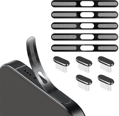 BelleVive 5 Piece USB-C Metal Dust Plug and 5 Piece Dustproof Mesh Stickers, Anti-Dust, Mobile Accessories for iPhone 16/16 Plus/16 Pro/16 Pro Max/iPhone 15/15 Pro/Pro Max/Plus