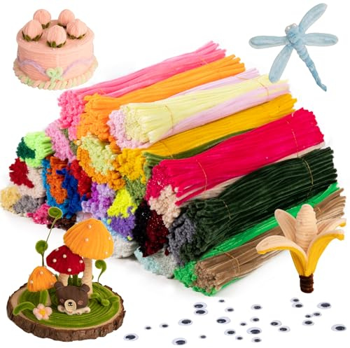 Caydo 2600 Stück 40 Farben Pfeifenreiniger Craft Supplies mit 100 Stück Wiggle Eyes Soft Chenille Stiele für Kinder DIY kreative Kunsthandwerk Dekoration, 6 mm x 12 Zoll