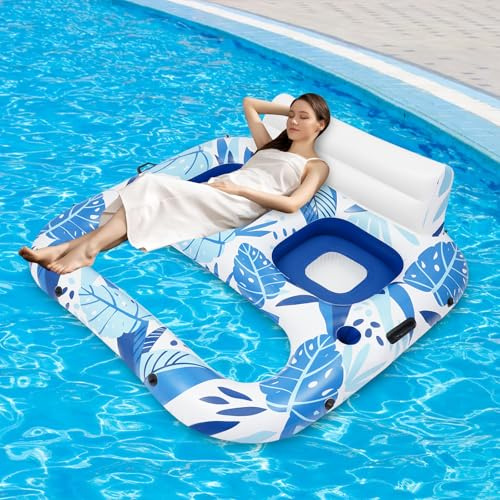 Aufblasbare Pool Luftmatratze Doppel-Sitz, 2er Poolstühle Schwimmmatratze, U-förmig mit Getränkehaltern, Wasser Matratze für Erwachsene Pool Spielzeug Sommer (165x152x55cm)