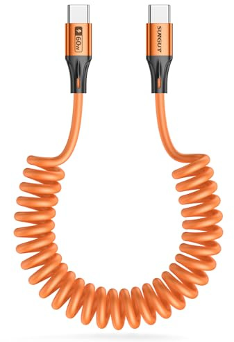 SUNGUY Câble spiralé USB C vers USB C, 1,8 m【0,5 m-1,2 m】 Câble de recharge 60 W pour Android Auto, i-Phone 17 16 15 Pro Max, Galaxy S24/S23, Google Pixel, iPad Pro, MacBook (orange)
