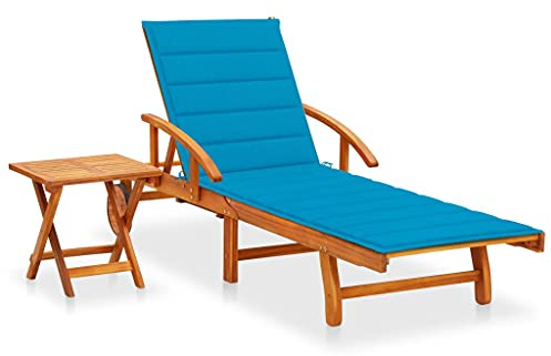 Ziaphsol Sonnenliege Akazie Massivholz, Blaues Polster, Verstellbare Rückenlehne, Ausziehbarer Tisch, Gartenliege für Terrasse, Pool, Entspannung