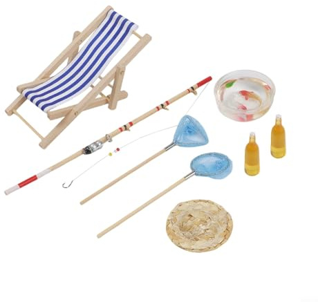 8 Stück Miniatur Angelrute Strandkorb Set mit Zubehör für DIY Garten Dekor Puppenhaus Kuchen Dekoration - Inklusive Hut, Fischschale, Bierflaschen