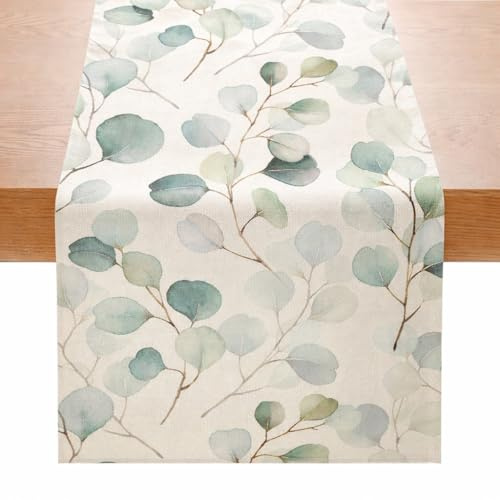 Tischläufer Grün Modern 33x180cm - Tischläufer Design für Esstisch Küche Dekoration - Hochwertiger Dekostoff mit Grünen Blättern für Frühling Sommer Wohnzimmer